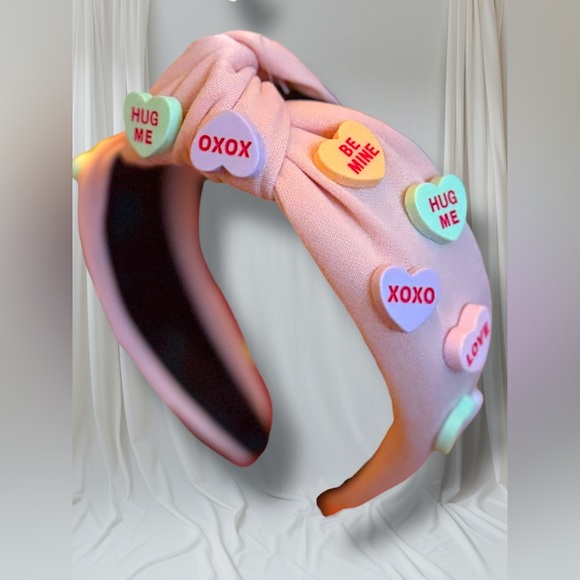 Valentine Candy Hearts Knot Headband Pink Padded Conversation Hearts Be Mine - Picture 3 of 3